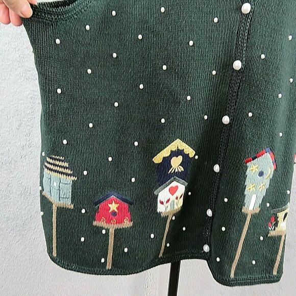 Vtg 90s CJ Banks Sweater Vest Women 1X Knit Bird Houses Green Beads Spring Fall - Picture 3 of 11
